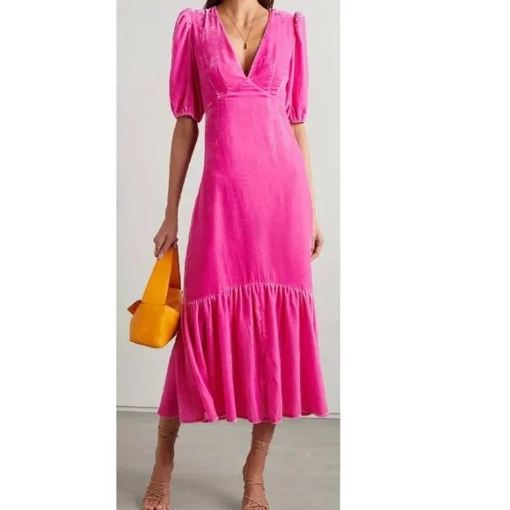 RHODE Bright Pink Puff-Sleeve Midi Dress